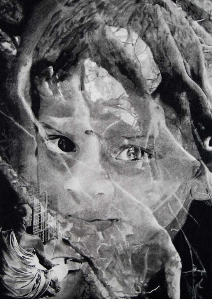 Charcoal portrait illustration of a child's face blended with tree roots and bark texture, original fine art by Anj, Des Moines portrait artist