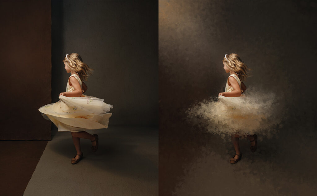Before and after - a young girl twirling in a dress, shown as an original photograph beside its hand-painted, embellished portrait version, by Anj Portrait Studio in Des Moines