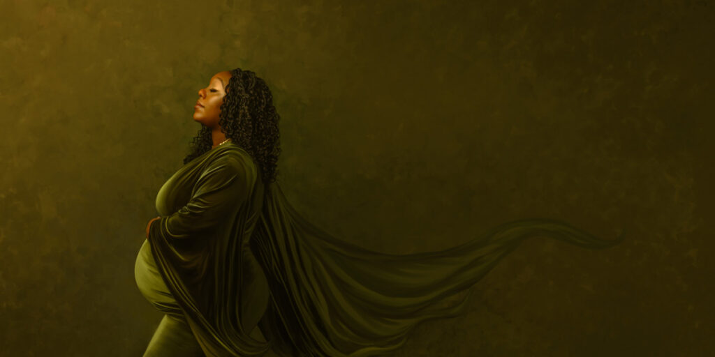 Fine art painted maternity portrait of a pregnant woman in a flowing green gown, profile pose, by Anj Portrait Studio in Des Moines